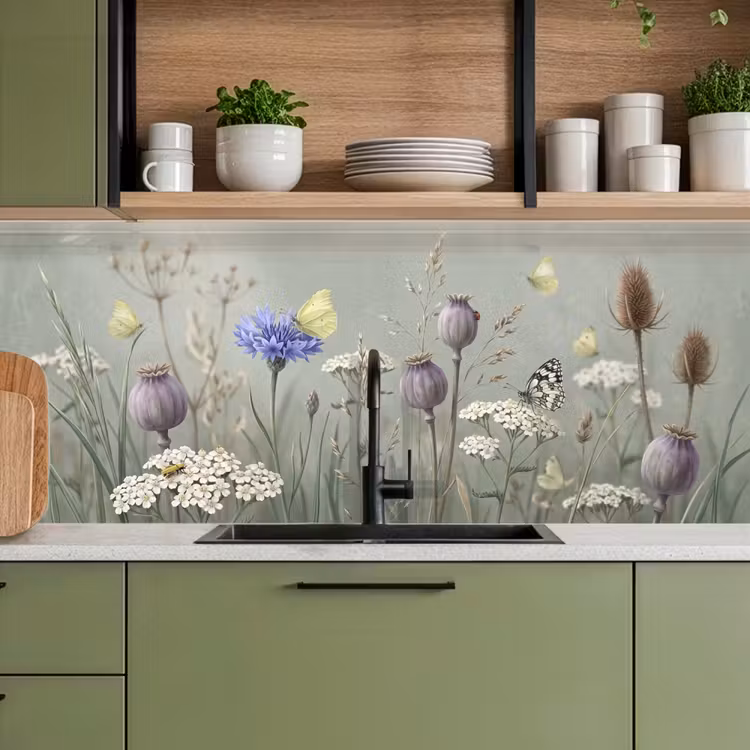 Vlinders - Wildbloemen - Illustratie - Kleurrijk keuken achterwand 2 middel -sfeer3