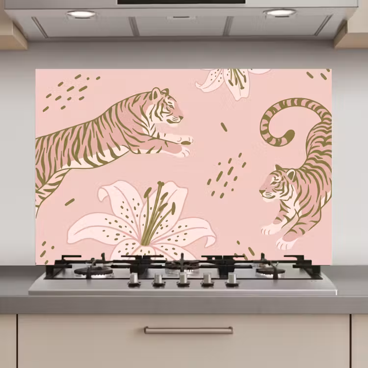 Kat - Springend - Bloemen - Abstract - Roze keuken achterwand spatscherm klein -3d_website