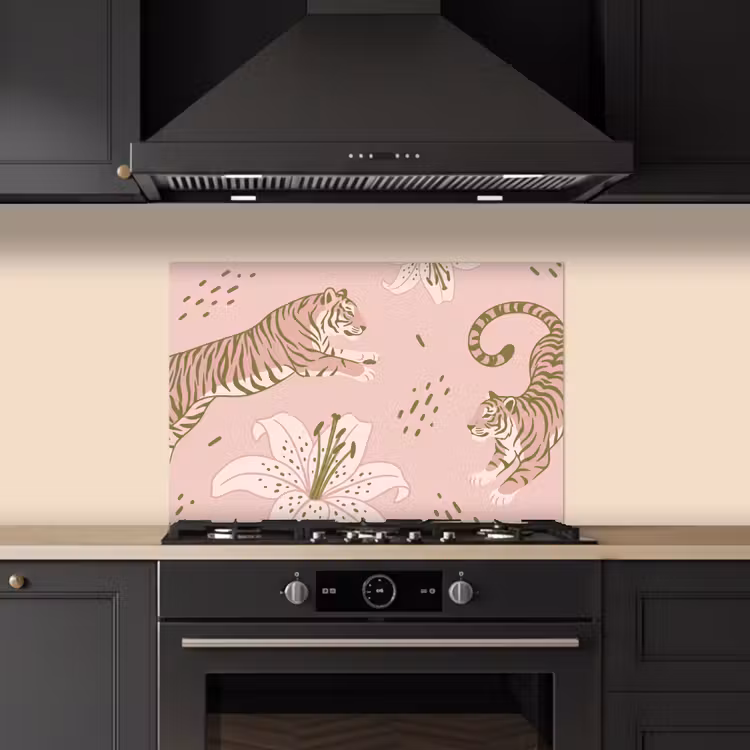 Kat - Springend - Bloemen - Abstract - Roze keuken achterwand spatscherm klein -sfeer1