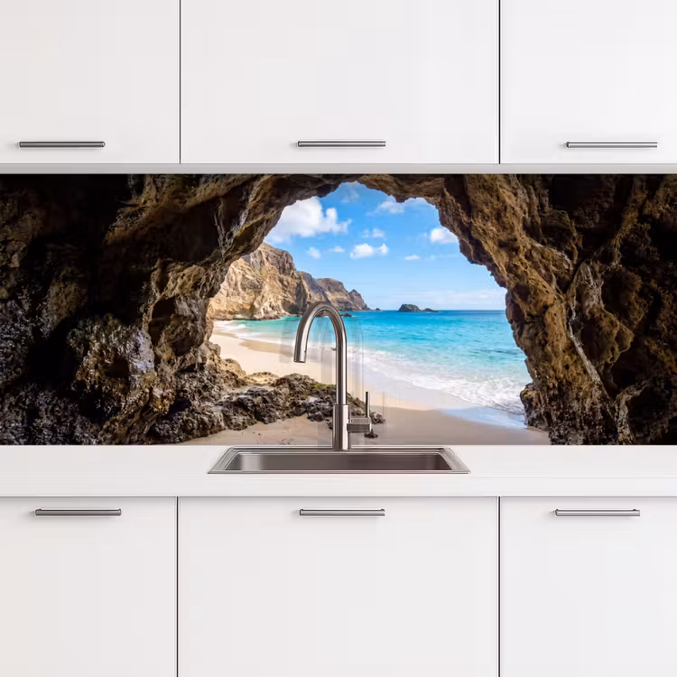 Grot - Strand - Zee - Blauw keuken achterwand 2 middel -3d