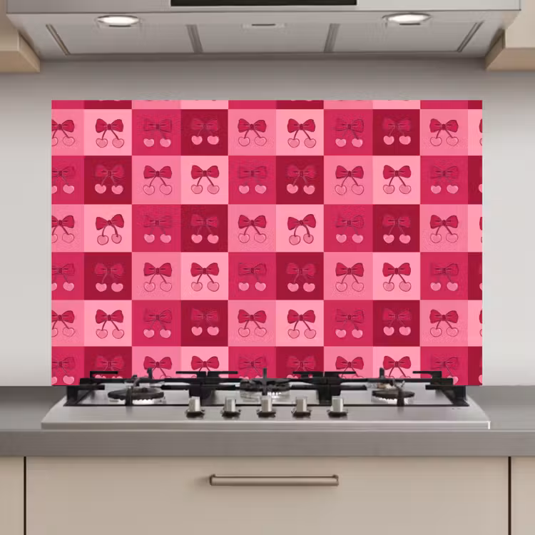 Kersen - Strikjes - Speels - Roze - Bordeaux keuken achterwand spatscherm klein 900 -3d_website