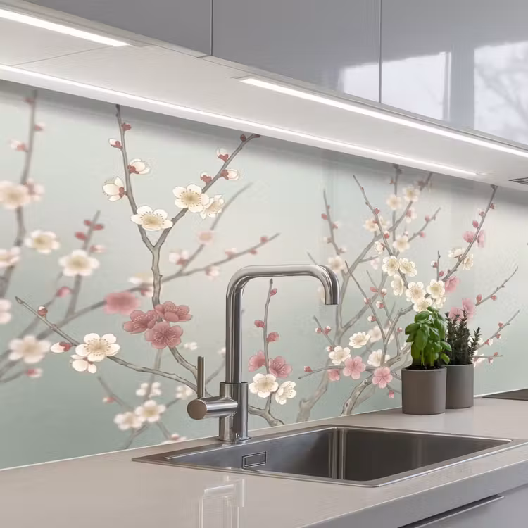 Kersen - Bloesem - Groen keuken achterwand 2 middel -3d_schuin