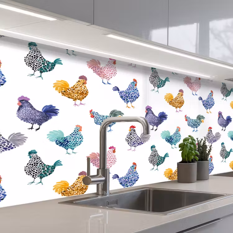 Kippen -Aquarel - Kleurrijk keuken achterwand 2 middel 871 -3d_schuin