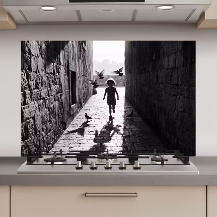 Kind - Vogel - Straat - Zwart-wit - Spelen keuken achterwand spatscherm klein -3d_website