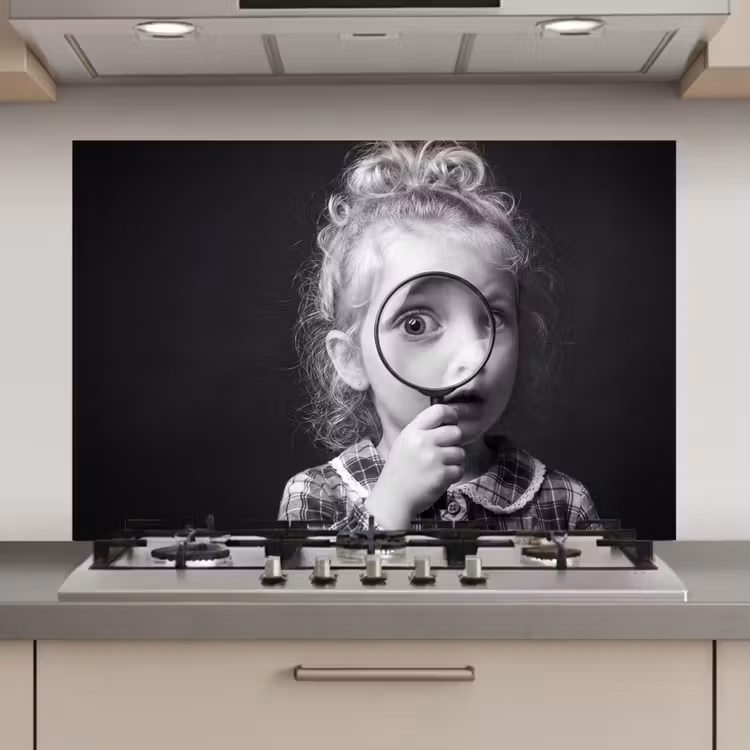 Kind - Vergrootglas - Portret - Zwart-wit keuken achterwand spatscherm klein -3d_website