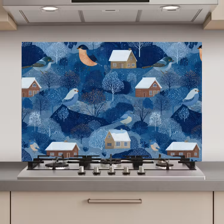 Huisjes - Vogels - Sneeuw - Winter - Blauw keuken achterwand 2 middel 871 zz_3dshopping