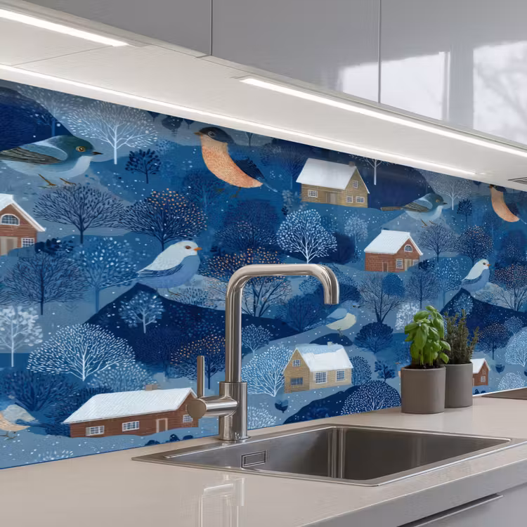 Huisjes - Vogels - Sneeuw - Winter - Blauw keuken achterwand 2 middel 871 -3d_schuin