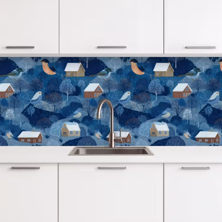Huisjes - Vogels - Sneeuw - Winter - Blauw keuken achterwand 2 middel 871 -3d