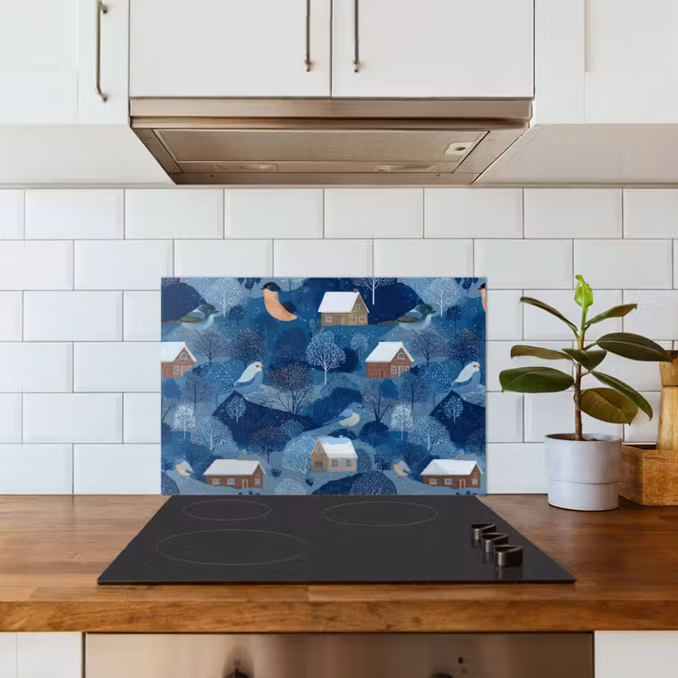Huisjes - Vogels - Sneeuw - Winter - Blauw keuken achterwand 2 middel 871 -sfeer1