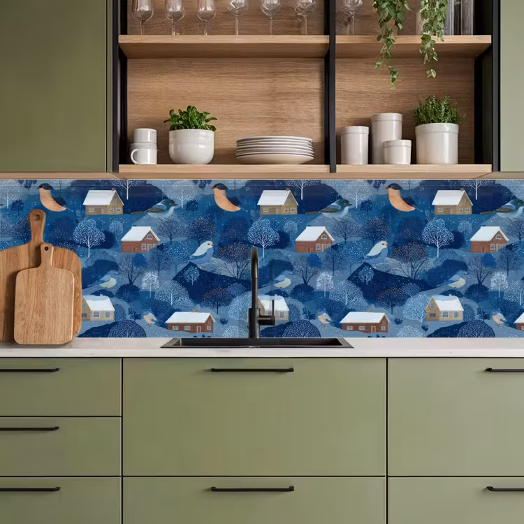 Huisjes - Vogels - Sneeuw - Winter - Blauw keuken achterwand 2 middel 871 -sfeer3