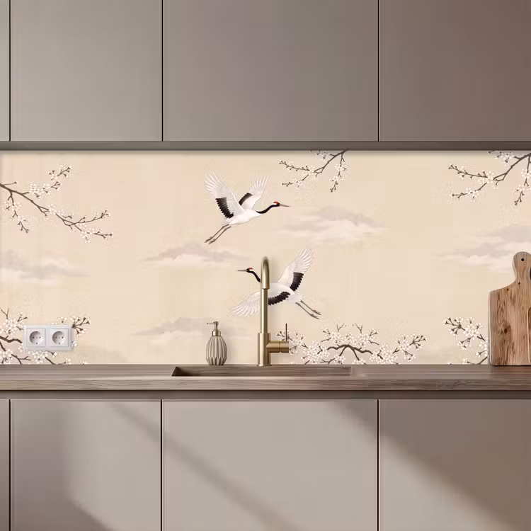 Kraanvogels - Bloesem - Beige keuken achterwand 2 middel zz_3dshopping