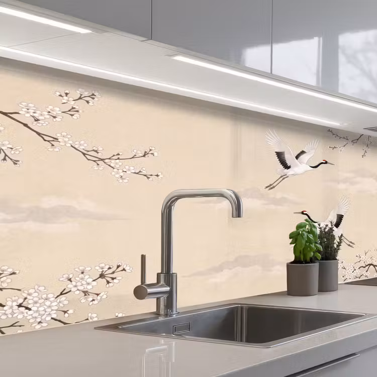 Kraanvogels - Bloesem - Beige keuken achterwand 2 middel -3d_schuin