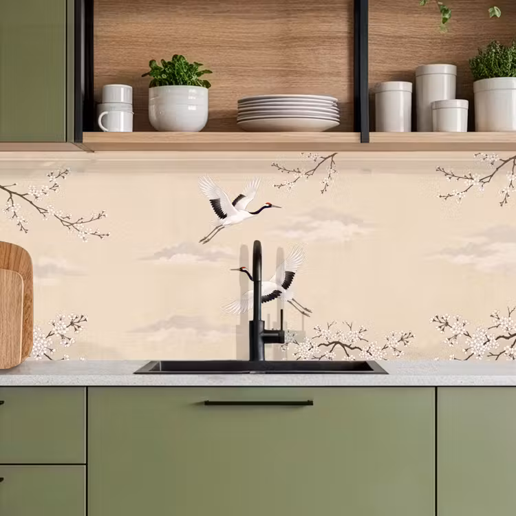 Kraanvogels - Bloesem - Beige keuken achterwand 2 middel -sfeer3