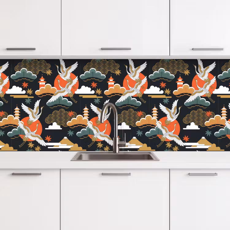 Kraanvogel - Wolken - Japan - Patroon keuken achterwand 2 middel 871 -3d