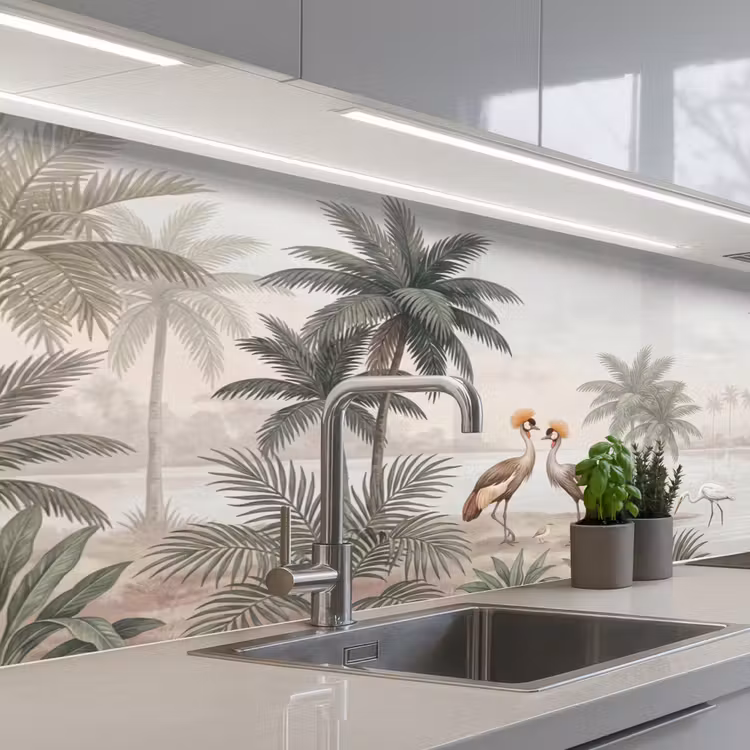 Kraanvogels - Palmbomen - Tropisch keuken achterwand 2 middel -3d_schuin