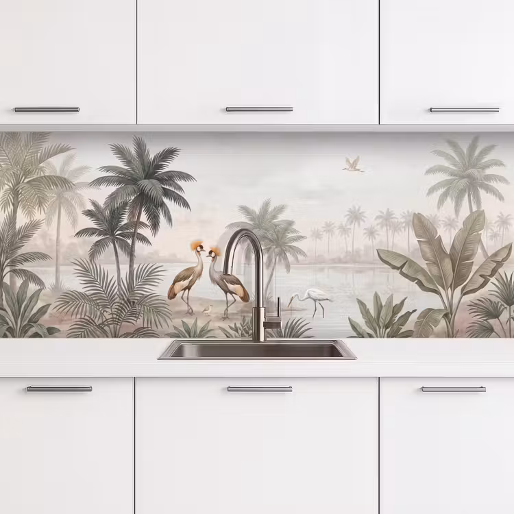 Kraanvogels - Palmbomen - Tropisch keuken achterwand 2 middel -3d