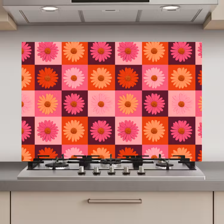 Madeliefjes - Dambord - Retro - Roze - Oranje keuken achterwand spatscherm klein 900 -3d_website