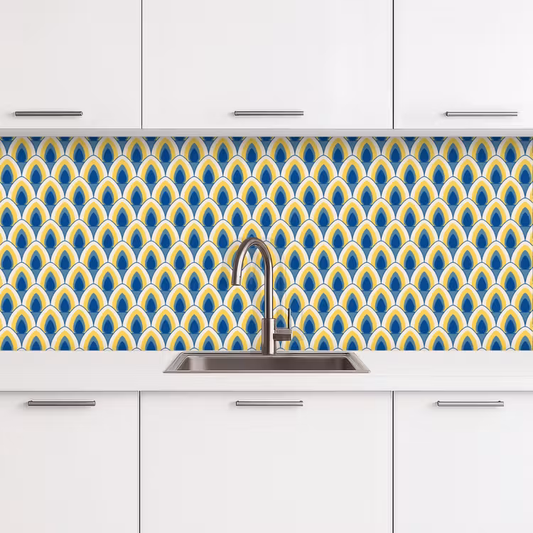 Design - Patroon - Retro - Geel - Blauw keuken achterwand 2 middel 871 -3d