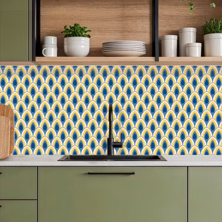 Design - Patroon - Retro - Geel - Blauw keuken achterwand 2 middel 871 -sfeer3
