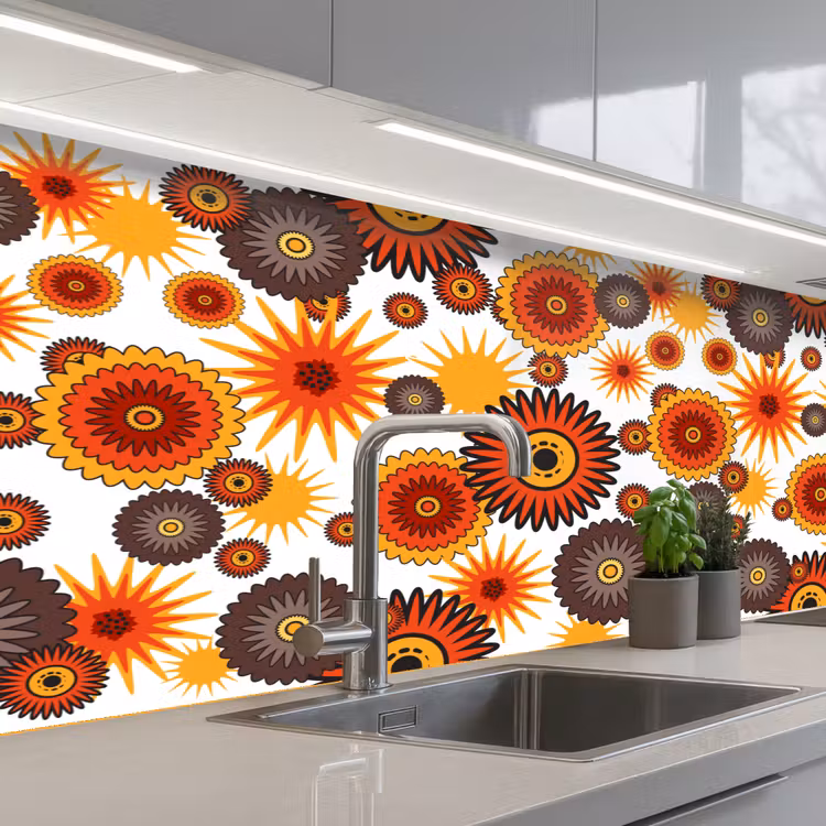 Design - Retro - Oranje - Bloemen keuken achterwand 2 middel 871 -3d_schuin