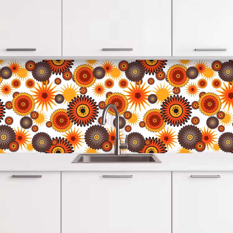 Design - Retro - Oranje - Bloemen keuken achterwand 2 middel 871 -3d