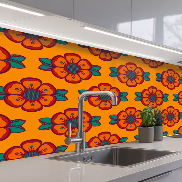 Design - Retro - Rozen - Oranje keuken achterwand 2 middel 871 -3d_schuin