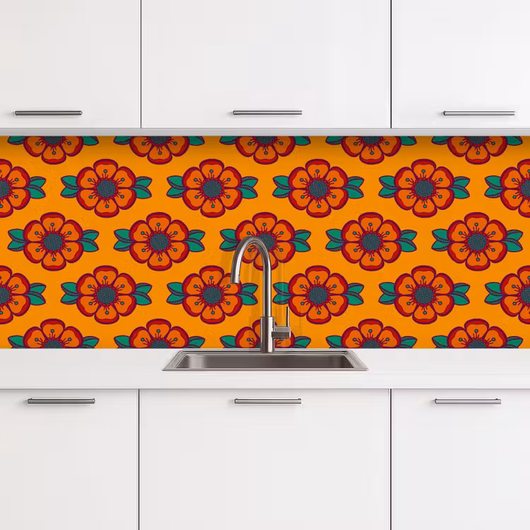 Design - Retro - Rozen - Oranje keuken achterwand 2 middel 871 -3d