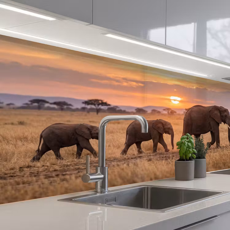 Olifanten - Savanne - Zonsondergang - Afrika - Warm keuken achterwand 2 middel -3d_schuin