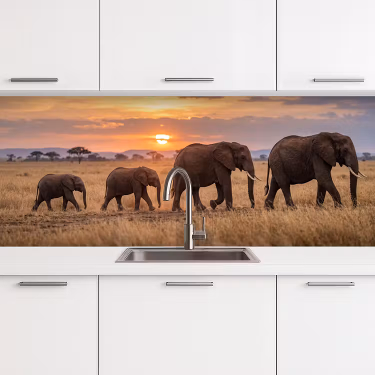 Olifanten - Savanne - Zonsondergang - Afrika - Warm keuken achterwand 2 middel -3d