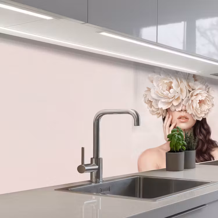 Gezicht - Pioenrozen - Crème keuken achterwand 2 middel -3d_schuin
