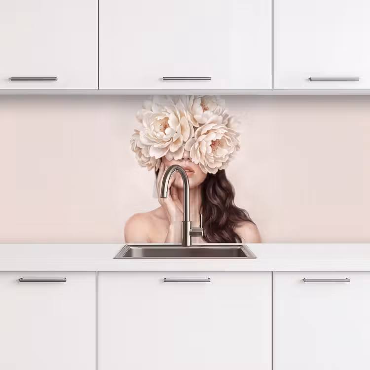 Gezicht - Pioenrozen - Crème keuken achterwand 2 middel -3d