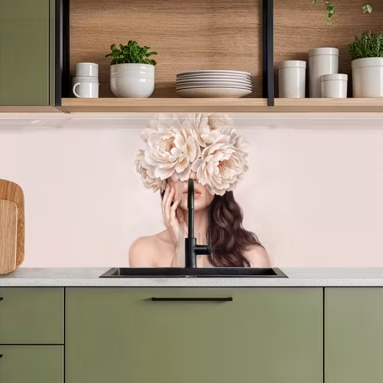 Gezicht - Pioenrozen - Crème keuken achterwand 2 middel -sfeer3