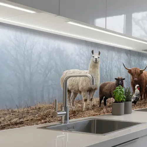 Boerderijdieren - Groep - Mist - Natuur - Rustiek keuken achterwand 2 middel -3d_schuin