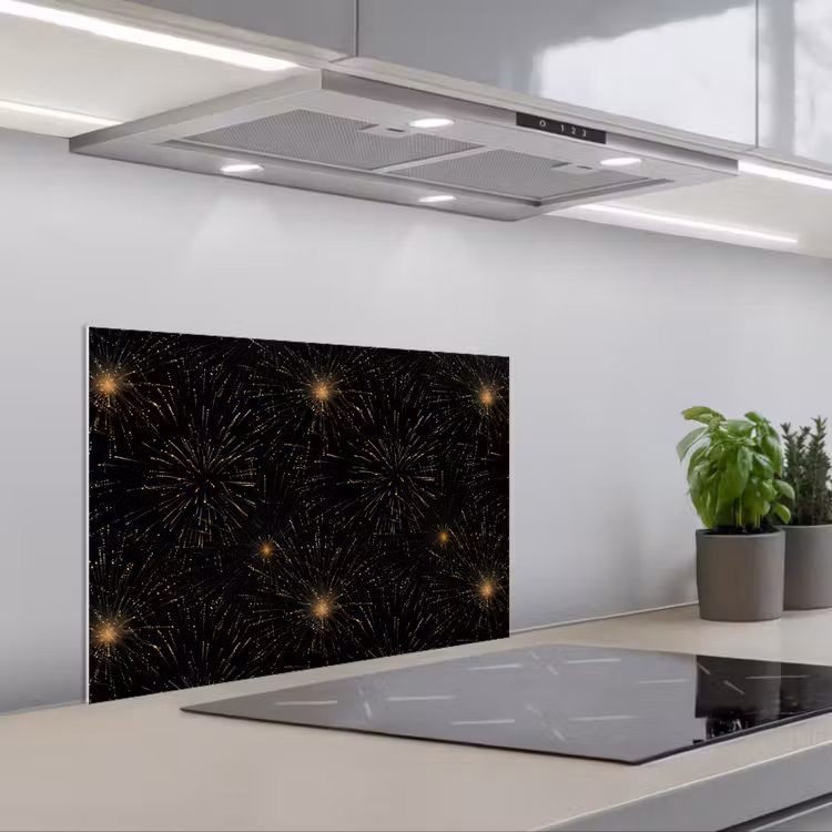 Vuurwerk - Patroon - Feestelijk - Goud - Zwart keuken achterwand spatscherm klein 900 -3d_schuin