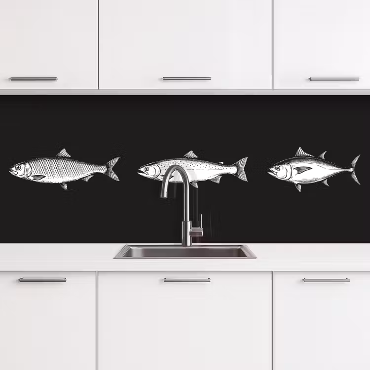 Vissen - Zwart - Wit keuken achterwand 2 middel -3d