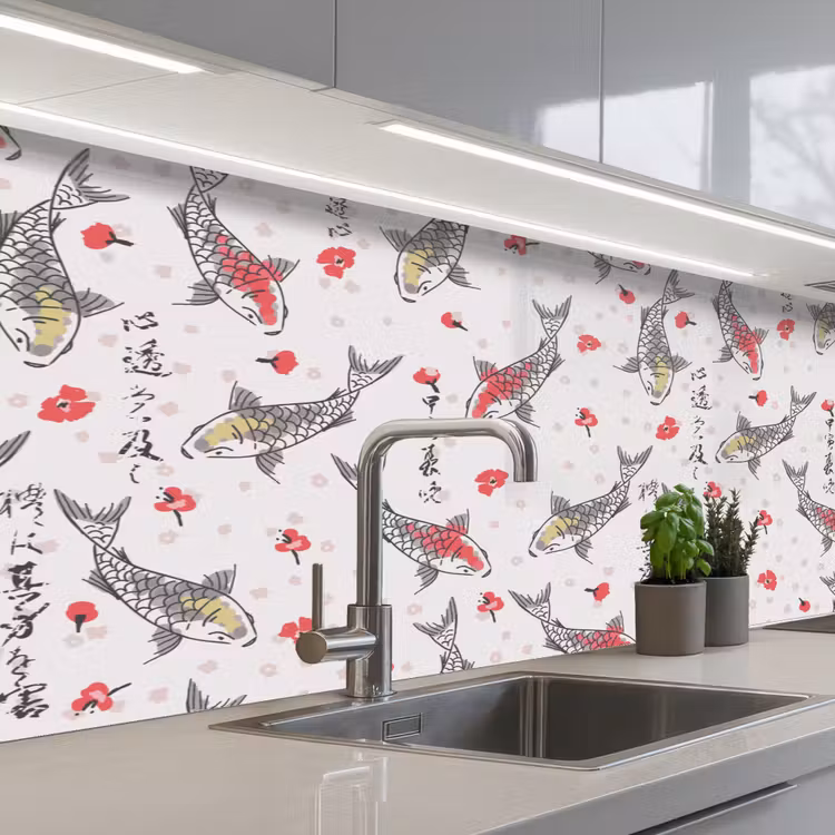 Vis - Koi - Bloemen - Patronen keuken achterwand 2 middel 871 -3d_schuin