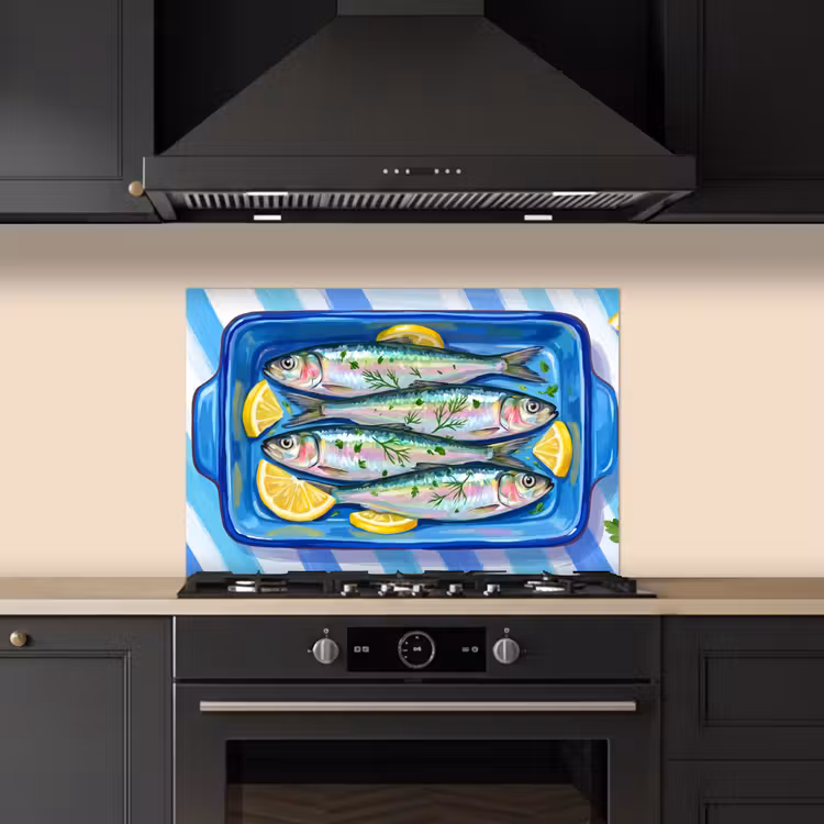 Vis - Citroen - Kruiden - Eten - Blauw keuken achterwand spatscherm klein -sfeer1