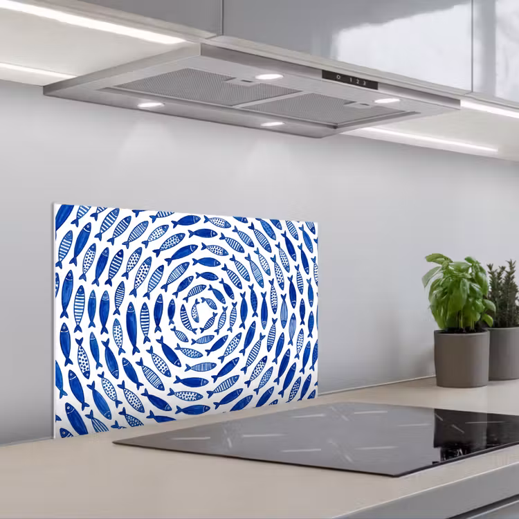 Vis - Patroon - Onderwater - Abstract - Blauw keuken achterwand spatscherm klein -3d_schuin