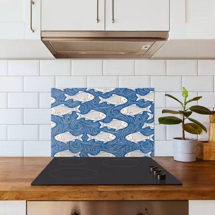 Vis - Water - Patroon - Grafisch - Blauw keuken achterwand spatscherm klein -sfeer2