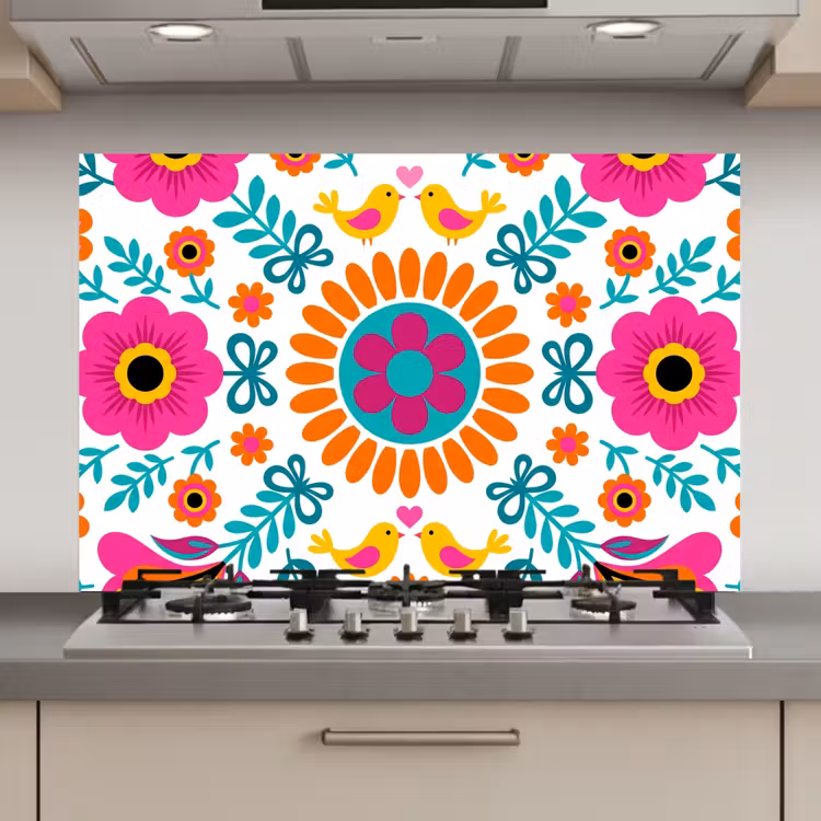 Bloemen - Vogel - Patroon - Kleurrijk - Modern keuken achterwand spatscherm klein -3d_website