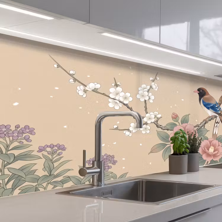 Bloemen - Vogels - Bloemen keuken achterwand 2 middel -3d_schuin
