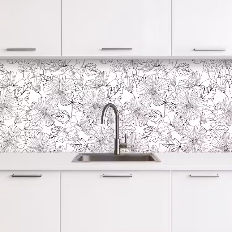Bloemen - Zwart - Wit - Design - Flora keuken achterwand 2 middel 871 -3d