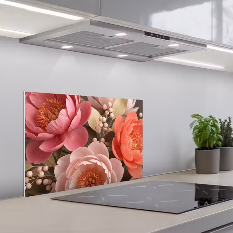 Bloemen - Bloesem - Zacht - Koraal - Decoratie keuken achterwand spatscherm klein -3d_schuin
