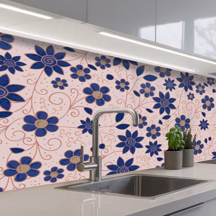 Bloemen - Blauw - Japan - Patronen keuken achterwand 2 middel 871 -3d_schuin