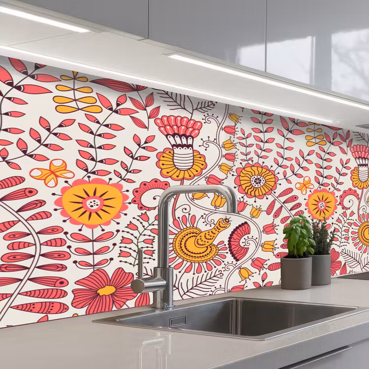 Bloemen - Design - Roze - Oranje keuken achterwand 2 middel 871 -3d_schuin