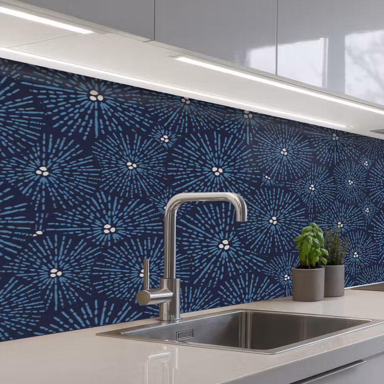 Bloemen - Japans - Patroon - Blauw - Wit keuken achterwand 2 middel 871 -3d_schuin