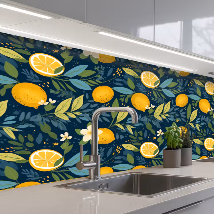 Bloemen - Bladeren - Citroenen - Blauw keuken achterwand 2 middel 871 -3d_schuin