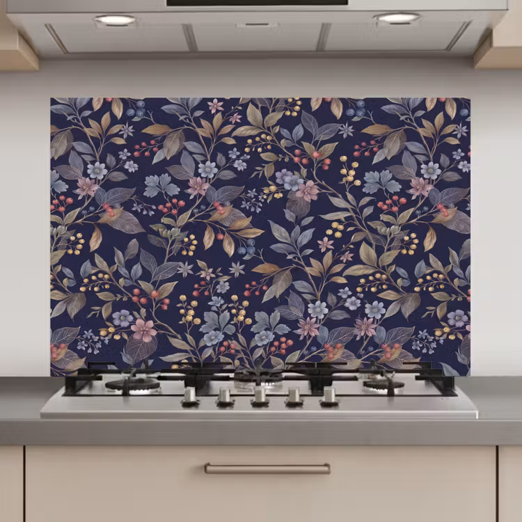 Bloemen - Bladeren - Patroon - Botanisch - Donkerblauw keuken achterwand spatscherm klein -3d_website