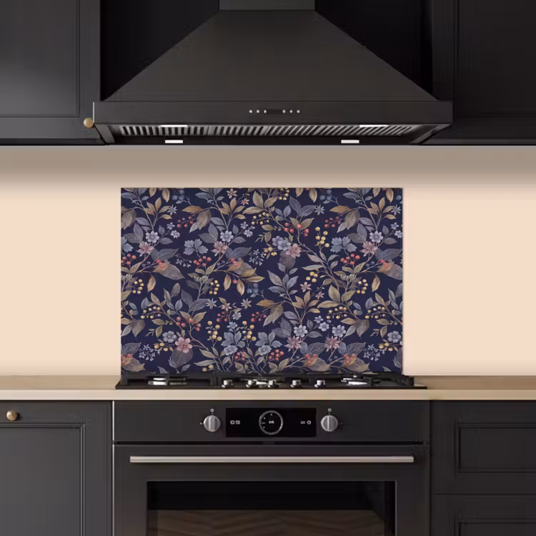 Bloemen - Bladeren - Patroon - Botanisch - Donkerblauw keuken achterwand spatscherm klein -sfeer1