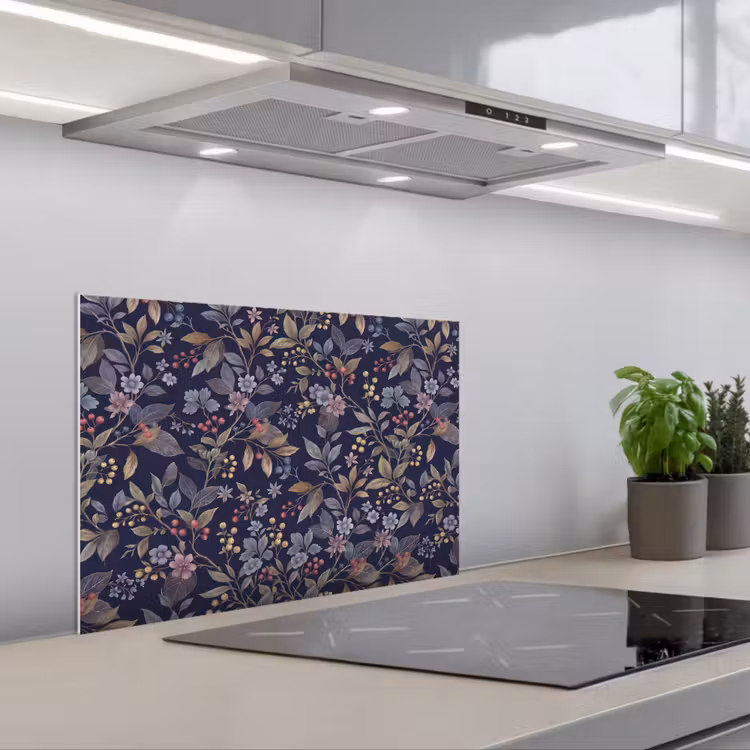 Bloemen - Bladeren - Patroon - Botanisch - Donkerblauw keuken achterwand spatscherm klein -3d_schuin